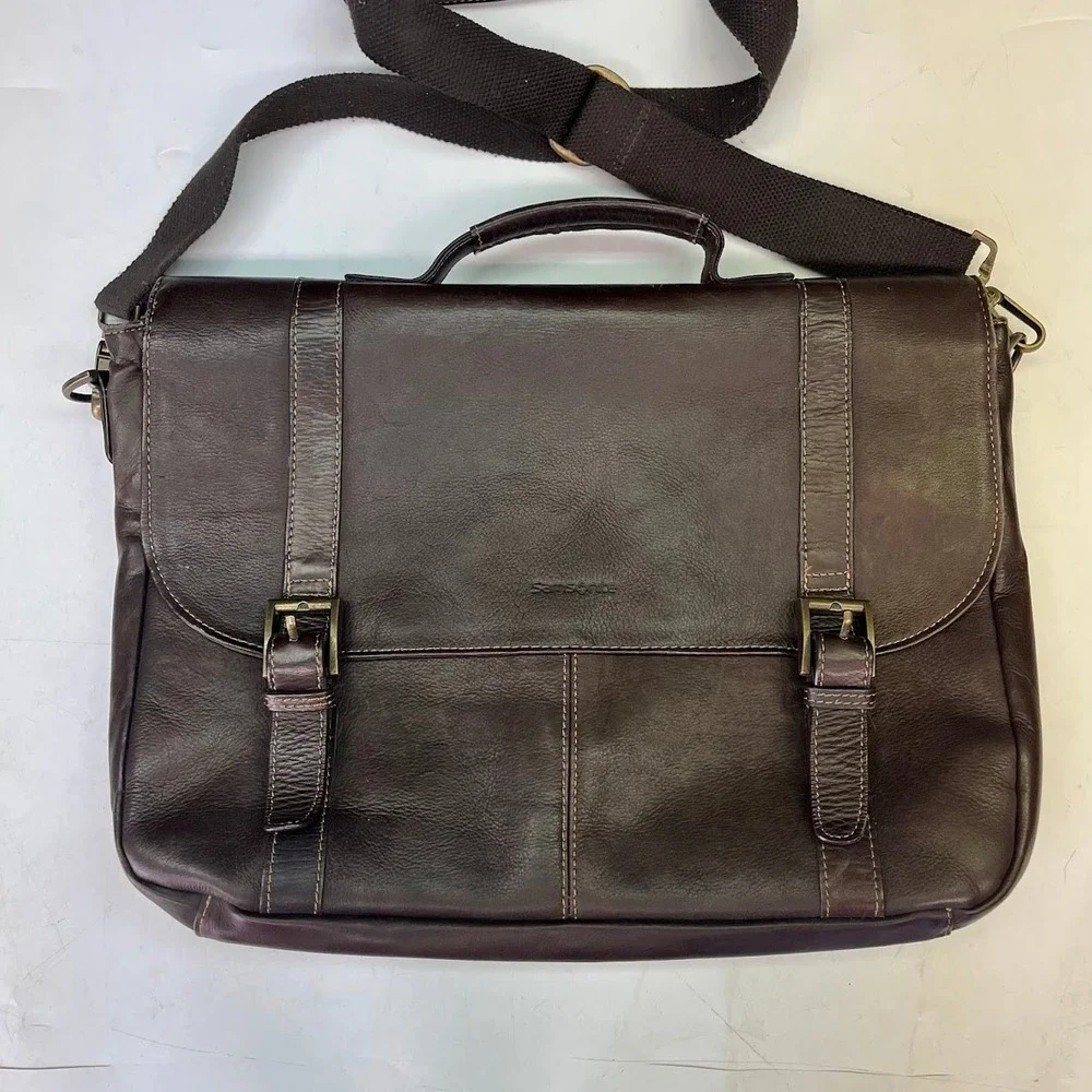Samsonite Mens Dark Brown Leather Messenger Bag Briefcase Laptop Satchel 16 Inch - Picture 3 of 14
